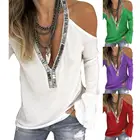 Женская футболка с открытыми плечами, сексуальное с открытыми плечами V образным вырезом пуловер с длинными рукавами, рубашка для девушек, однотонные футболки размера плюс майка женская