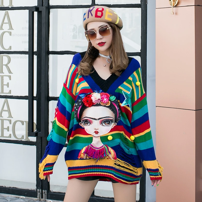 Тайланд Tide бренд Радуга свитер женский тяжелый работа блестки v-образным вырезом