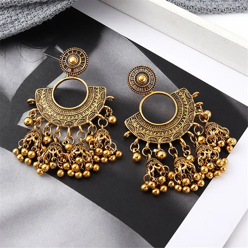 Винтаж золотистый гравированный полый круг Висячие серьги для женщин Богемия