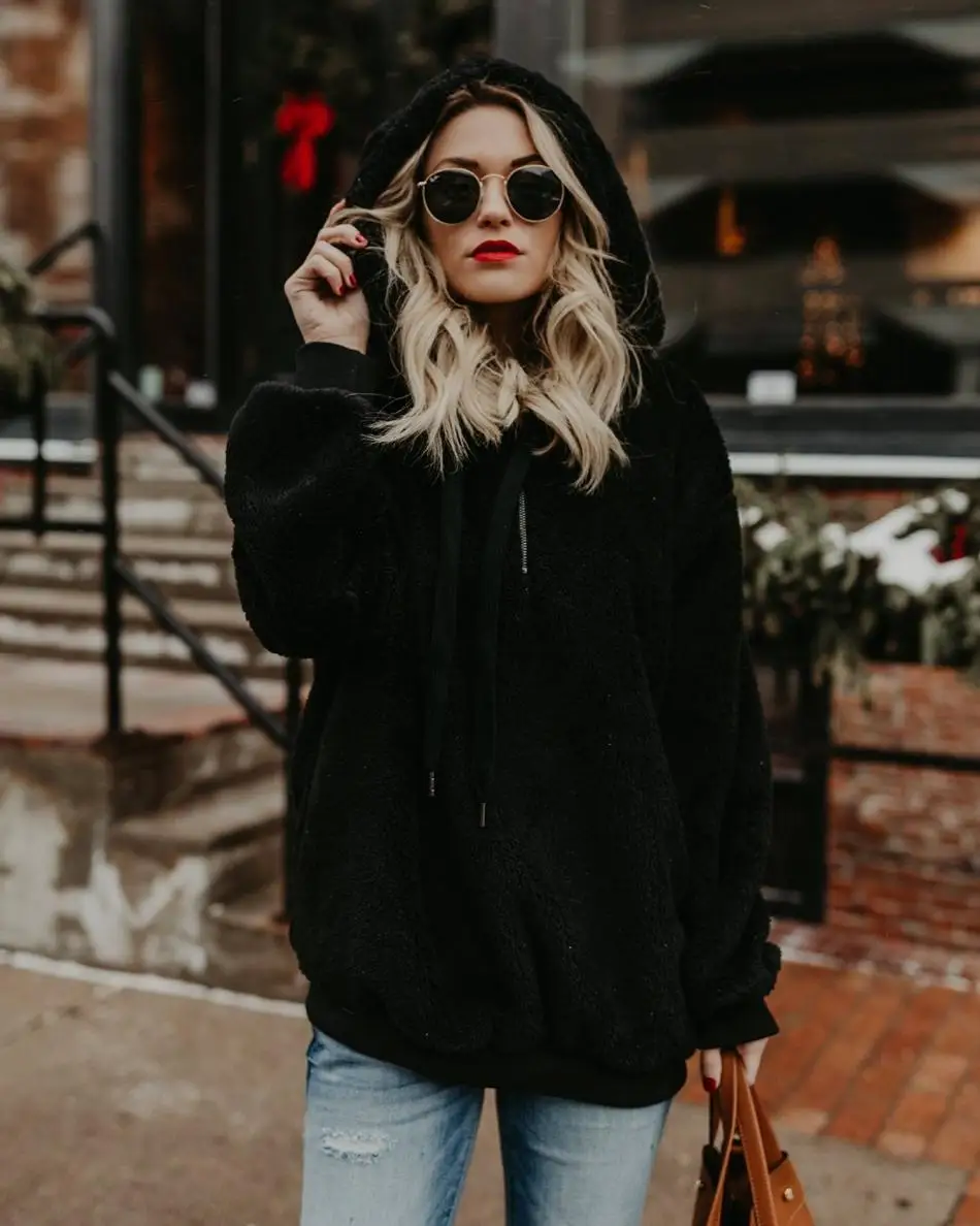 Women's Autumn Winter Suede Long-sleeve Hoodies Loose Casual Velour Hoodies Pullover Sweatshirt Large Size Sherpa Pink Clothes