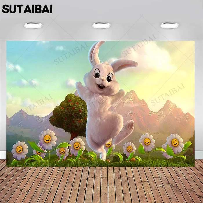 

Spring Easter Background for Photography Green Grass Blue Sky Sunflower Eggs Tree Park Newborn Portrait Photo Backdrop Studio