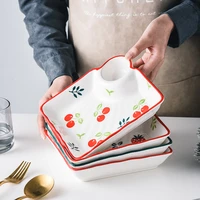 8 inches japanese hand painted fruit dumpling tray with vinegar dish creative square ceramic dipping tableware plate