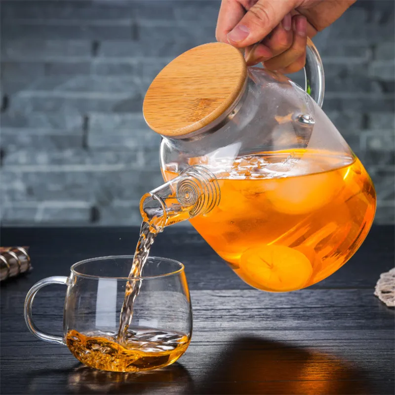 

1L/1.8L Transparent Glass Teapot with Bamboo Lid Heat-Resistant Large Capacity Tea Pot Flower Water Bottle Office Kung Fu Kettle