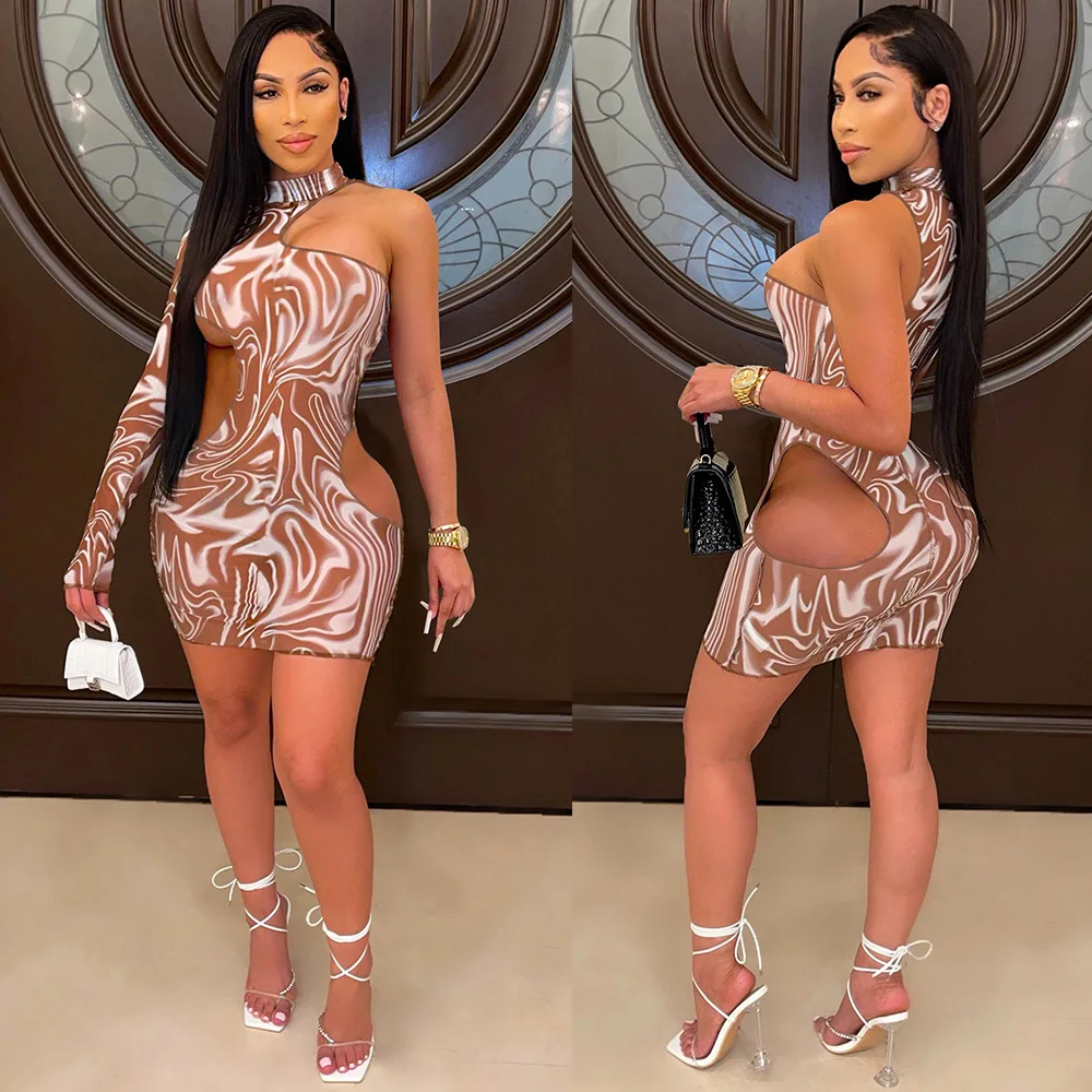 

Echoine Summer Vintage Print One Sleeve One Shoulder Sexy Mini Dress Women Turtleneck Hollow Out Party Night Club Outfits New
