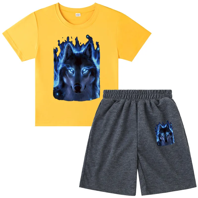 

Summer Children Cotton Short Suit Baby Suit Leisure Sports T-Shirt + Shorts Suit Infant Clothing Boys & Girls Clothing Wolf Prin