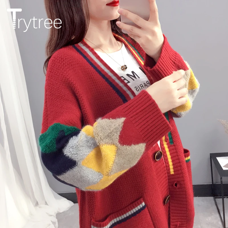 Осенне зимний женский свитер Trytree повседневный однобортный трикотажный кардиган