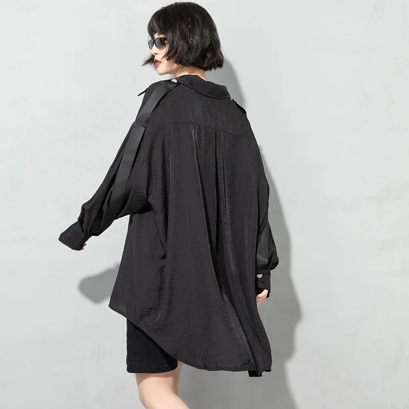 

SuperAen 2021 Spring New Black Cardigan Irregular Plus Size Batwing Sleeve Woven Belt Shirts Women Tops