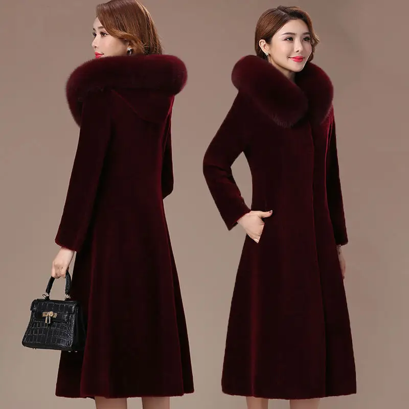 

2020 Winter Women Real Sheep Shearing Coat Female Korean Fox Fur Collar Hooded Long Chaqueta Mujer Genuine Wool Coats H168