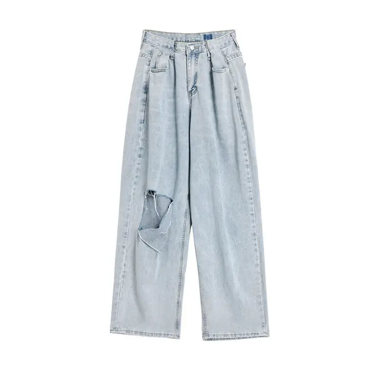 

High waist and wide leg jeans women's straight tube loose and thin summer thin style drop feeling mop pants and elegant father