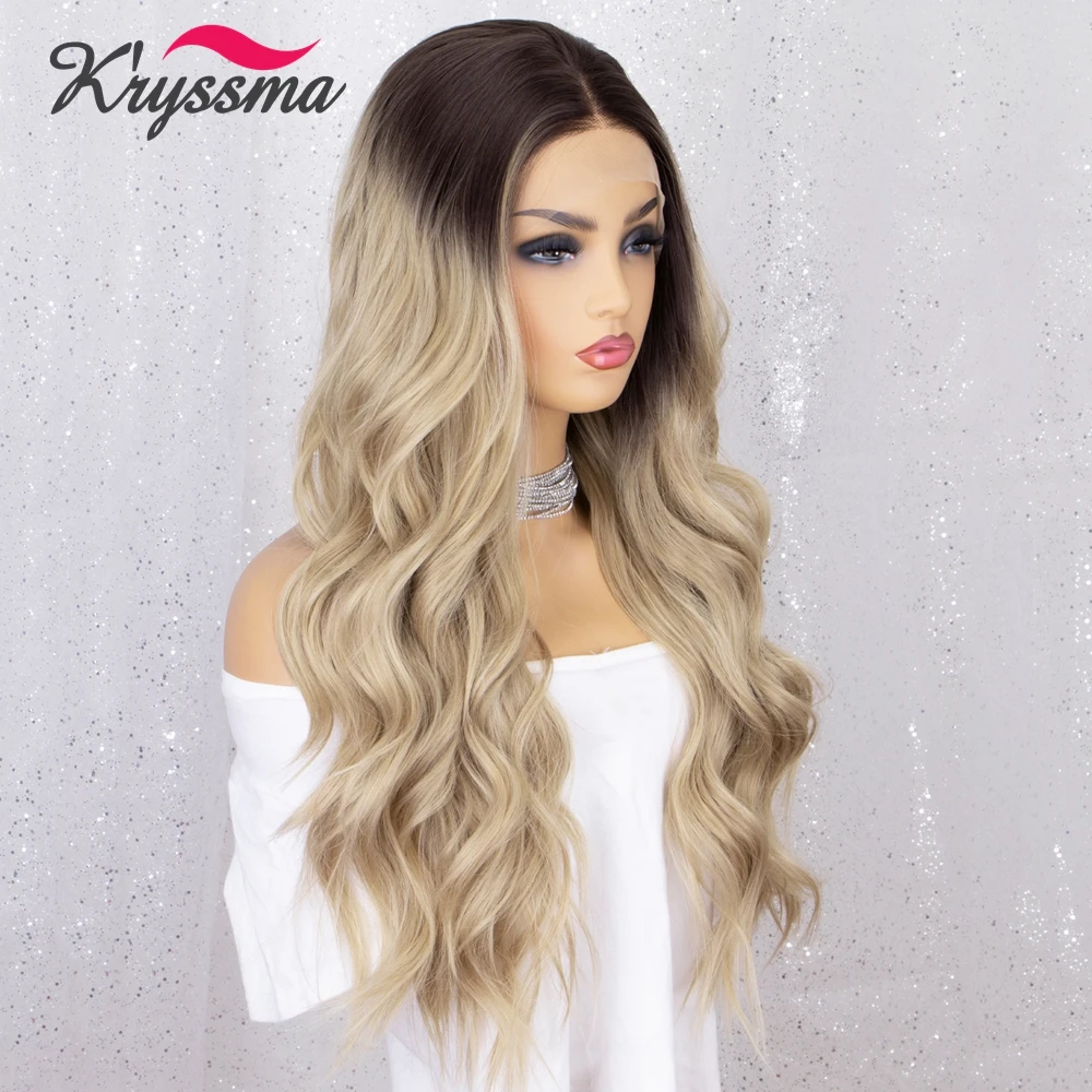 Kryssma Blonde Synthetic Lace Front Wig Long Wave Lace Front Wig With Natural Hairline Free Part Ombre Lace Frontal Wig Daily