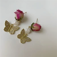 butterflies floating on flowers natural dried flowers fresh water pearl butterfly earrings stud