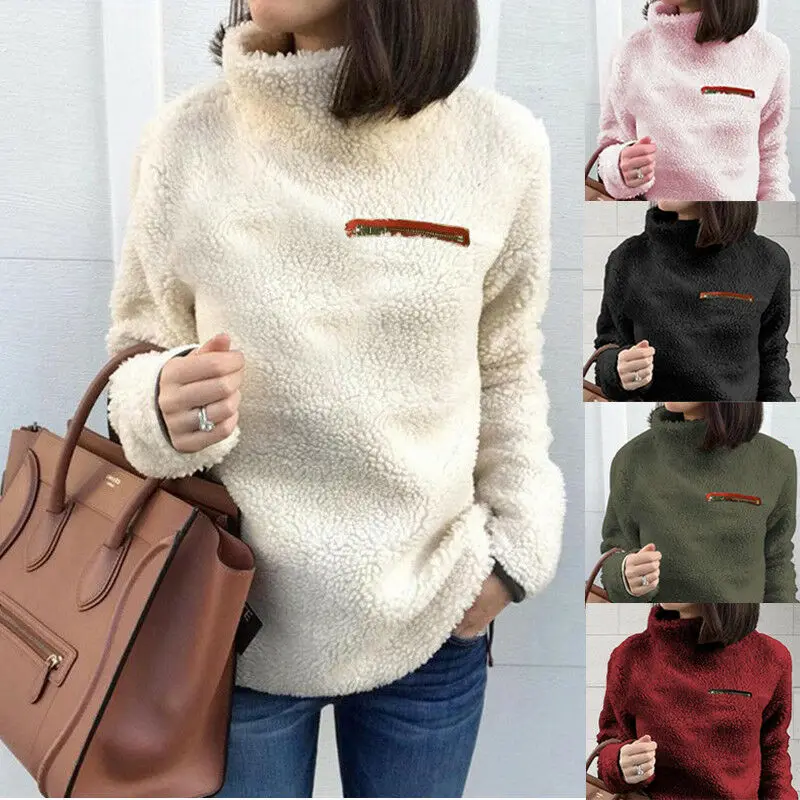 

Womens High Neck Teddy Bear Fleece Sweater Jumper Winter Warm Coat Pullover Tops