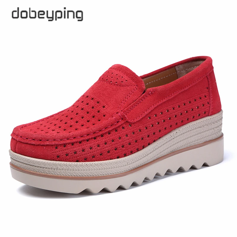 Summer Women's Shoes Breathable Hollows Flat Platform Ladies Sneakers Female Cow Suede Leather Loafers Woman Wedges Slip On Shoe