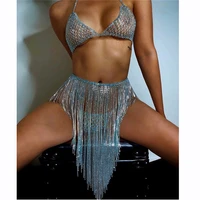fashion sexy rhinestone luxury body chain set blue shiny crystal mesh harness bra and thong jewelry woman bikini tassel dress