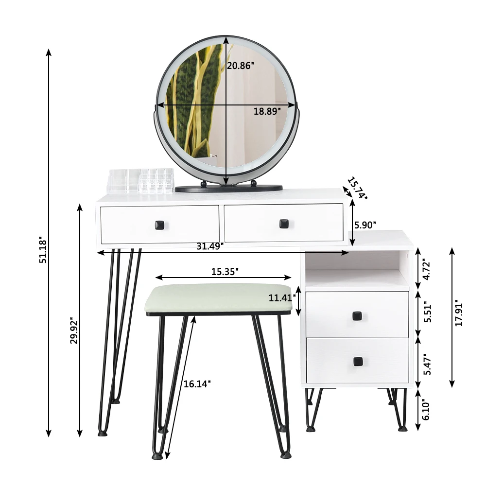 

(US)Bedroom Iron Dresser Solid Wood Makeup Desk Storage Cabinet White Nordic Simple And Stylish Wood Nightstands Dresser Bedside