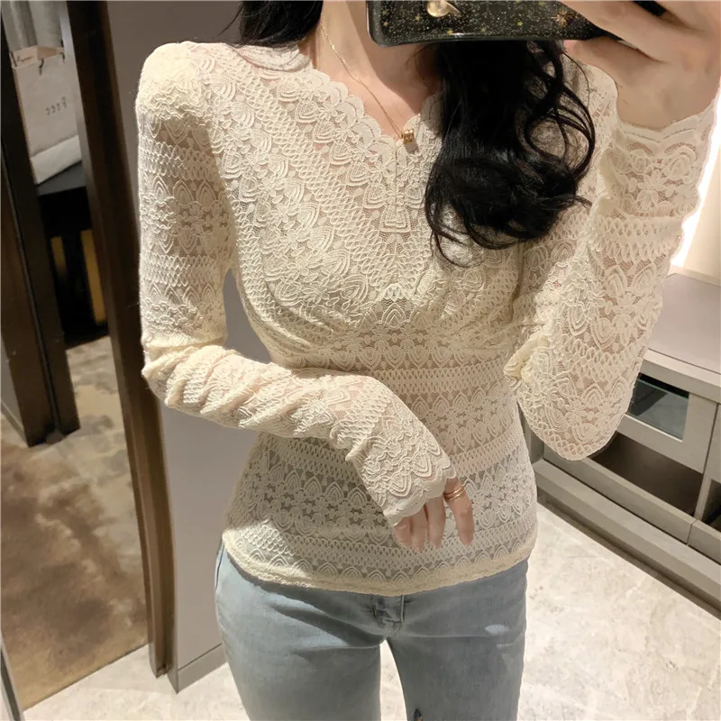Белый кружевной топ с длинным рукавом Женская Сексуальная Ажурная блузка