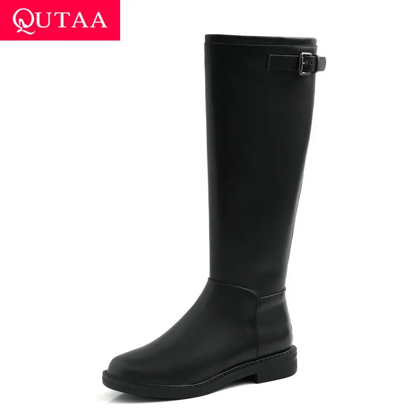 QUTAA/ г. Зимняя удобная женская обувь из коровьей кожи на низком квадратном каблуке высокие сапоги до колена в стиле ретро с круглым носком и пряжкой на молнии Большие размеры 34-42
