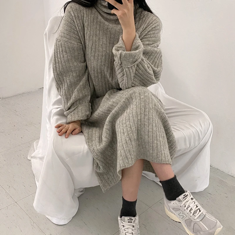 

Mozuleva Autumn Winter High-necked Women Knitted Dress Long Sleeve Thicken Loose 2021 Female Dress Straight Ladies Vestidos