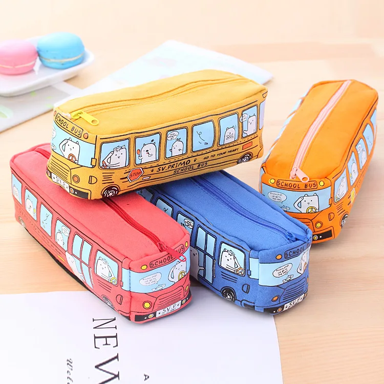 

19*6.5*6cm School Bus Pattern Large Capacity Canvas Pencil Bag for Students Kids Boys Girls Pencil Case Stationary Supplies