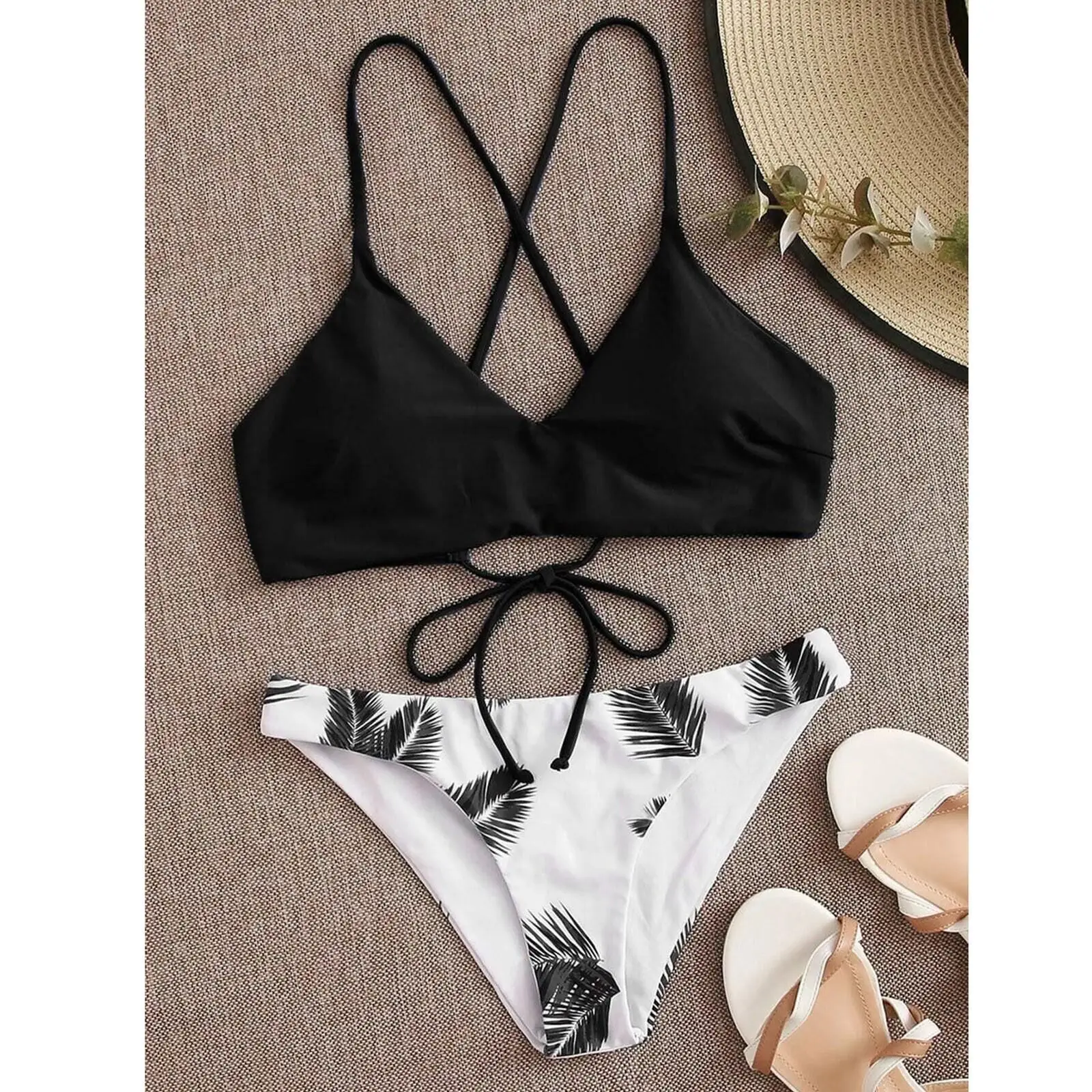 

2021 new women's 2-piece solid color lace-up thong plant print bikini suit swimsuit swimming suit for women high waist
