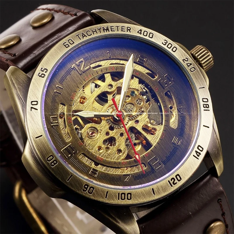 

Античный дизайн автоматические механические часы с скелетом винтажные кожаные мужские наручные часы Скелет стимпанк часы мужские синий ци...