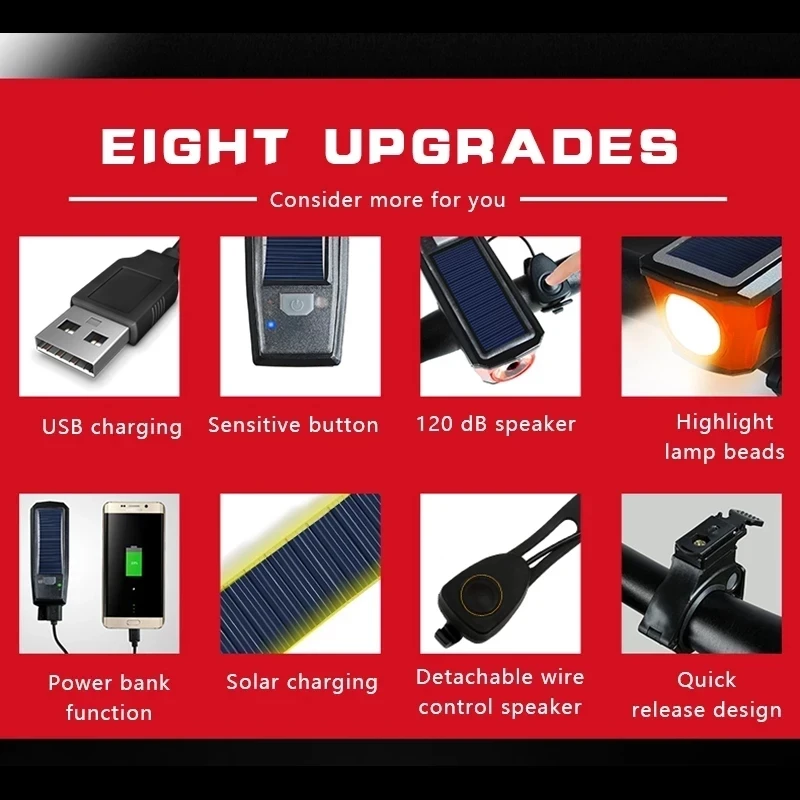 

Bicycle Light Set Waterproof MTB Bike Horn Light USB Rechargeable Solar LED Headlight Safety Warning Cycling Taillight Bicycle