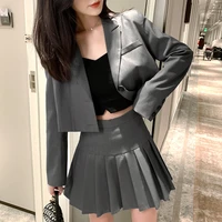 2021 womens jacket long sleeve student pleated skirt suit female silver grey blazer lady office work suit blazers short dress