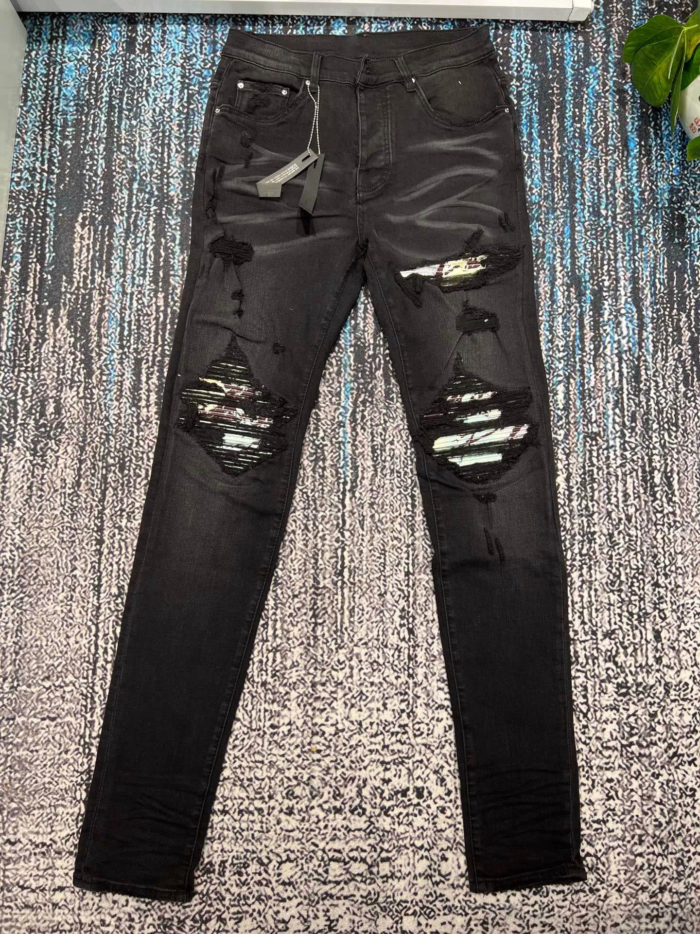 

men marble patch distressed skinny black jeans