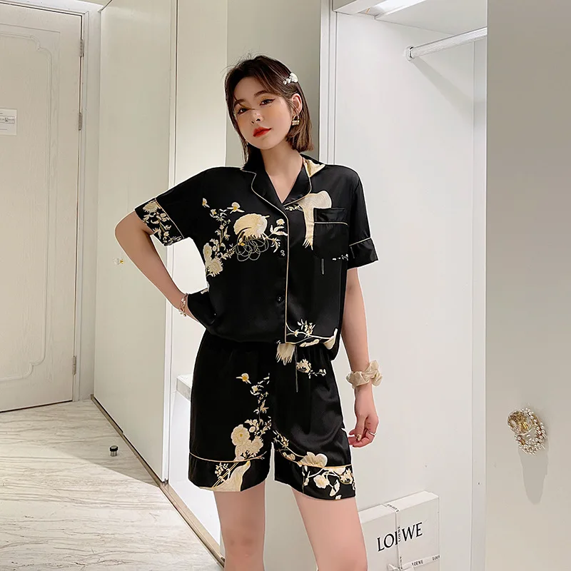 

Summer ice silk print couple pyjamas ladies simulation silk home clothes