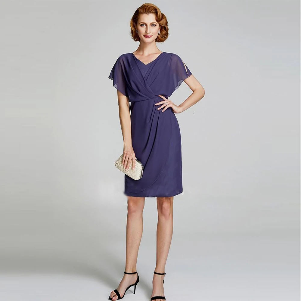 

Cheap Chiffon Knee Length Guest Party Gown Short Sleeves Double V Neck Simple Purple Mother Of The Bride Dresses For Wedding