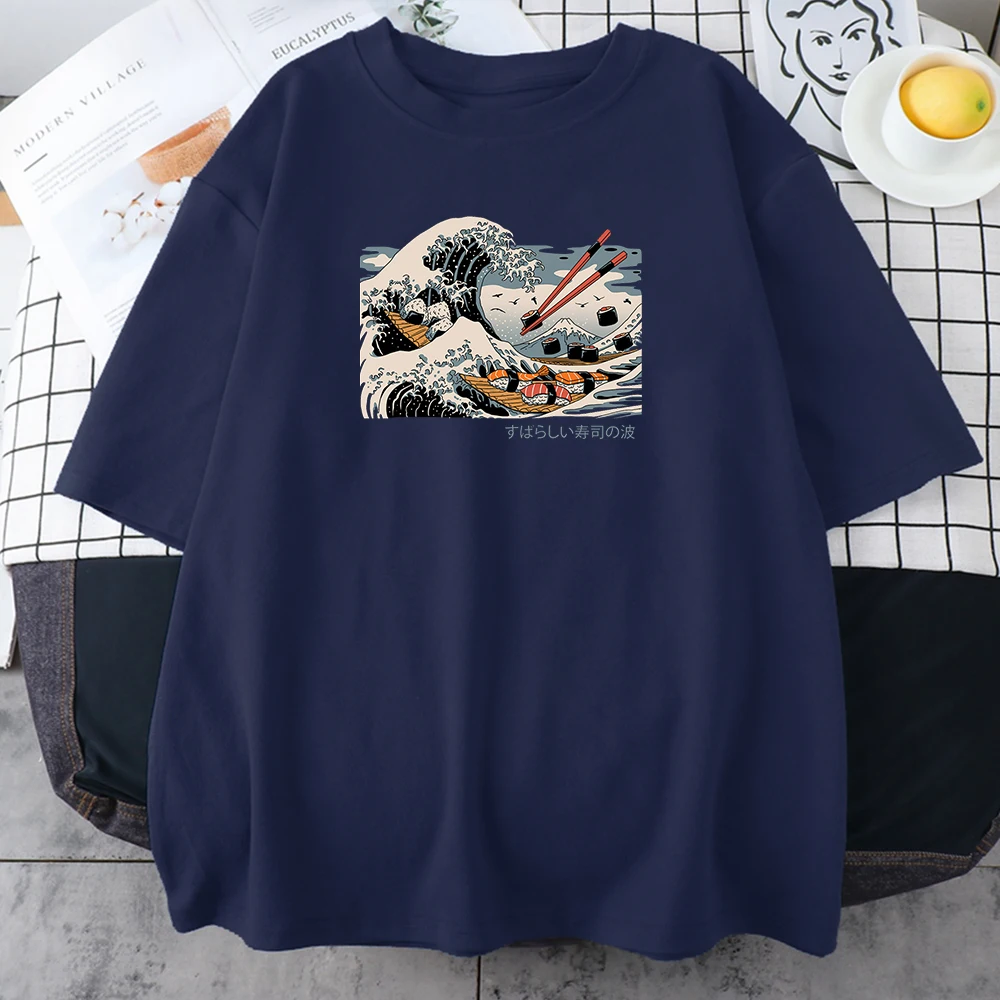 

The Great Sushi Wave Cool Print Womens T-Shirt Fashion INS 2021 T Shirts Harajuku Loose T Shirts O-Neck Black Tee Shirt Summer
