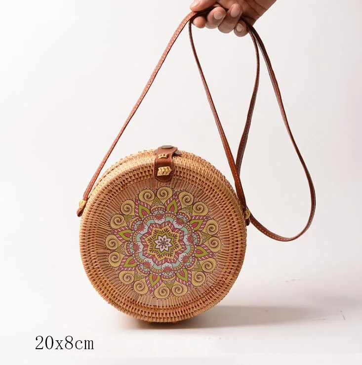 flower I 20X8cm Солнечный пляж, ручные тканые сумки, круглая сумка с пряжкой, Ротанговые соломенные сумки, ранец, богемная пляжная круглая сумка - Цвет: flower I 20X8cm