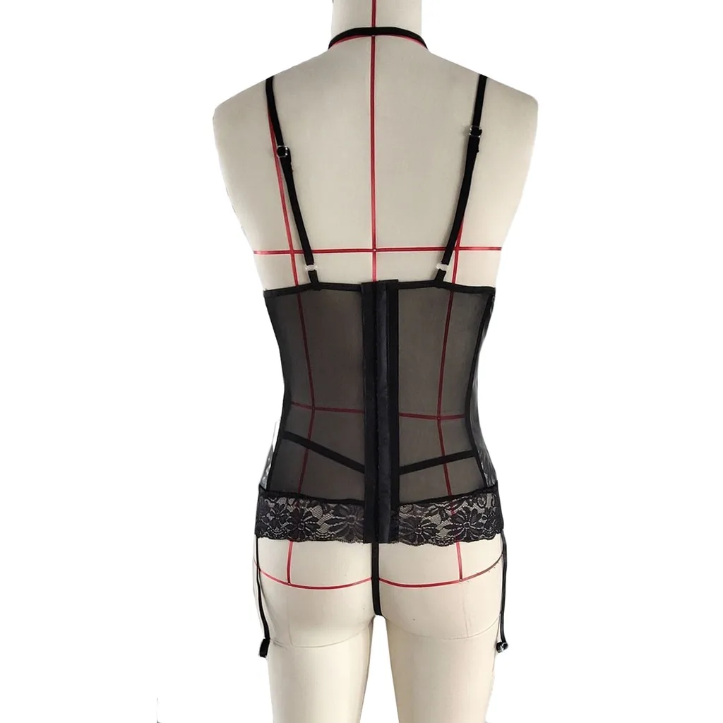 

Four Season Fashion New Women Seamless Leather Hollow Bodysuit Halter Adjusted-straps Backless Sexy Lingerie With Thong Garter