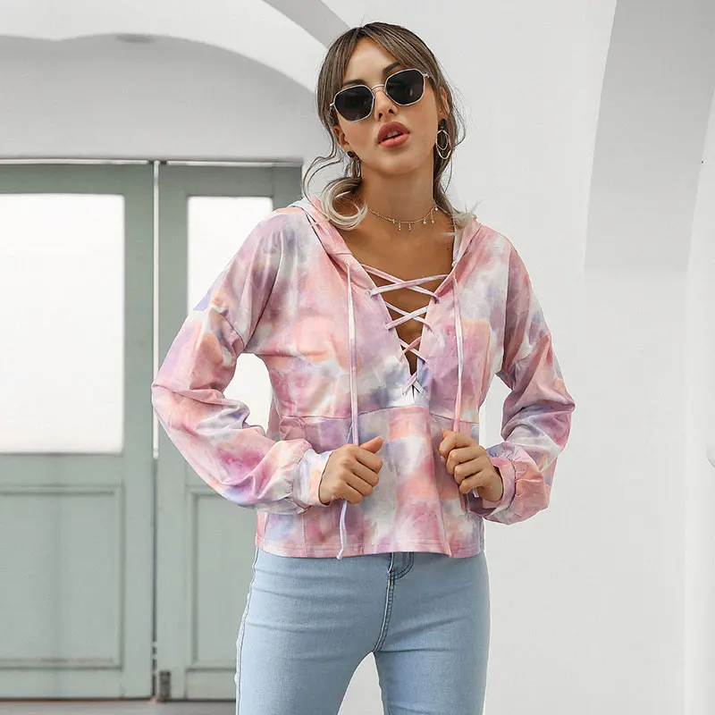 

Spring Fahion Tie-dye Hoodies Women 2021 New Casual Lantern Sleeve Hooded Lace Up Pullover Hoodies Top Ladies Streetwear