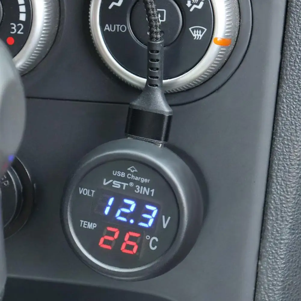

Автомобильное зарядное устройство 3 в 1, многофункциональный автомобильный вольтметр, автомобильный термометр, USB автомобильная быстрая за...