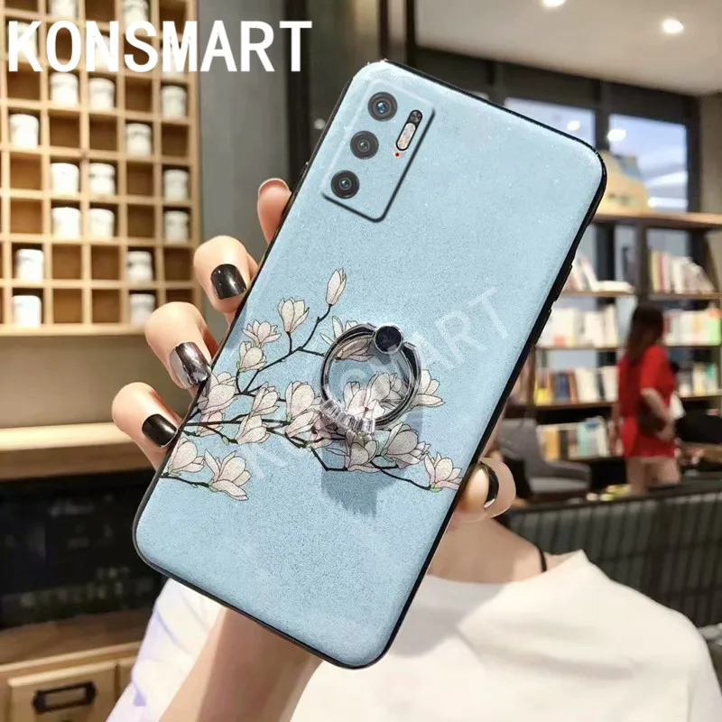 

KONSMART Case For Xiaomi Redmi Note 10 5G Cover Luxury Glitter Flower Silicone Soft Finger Ring Phone Cases POCO M3 Pro Fundas