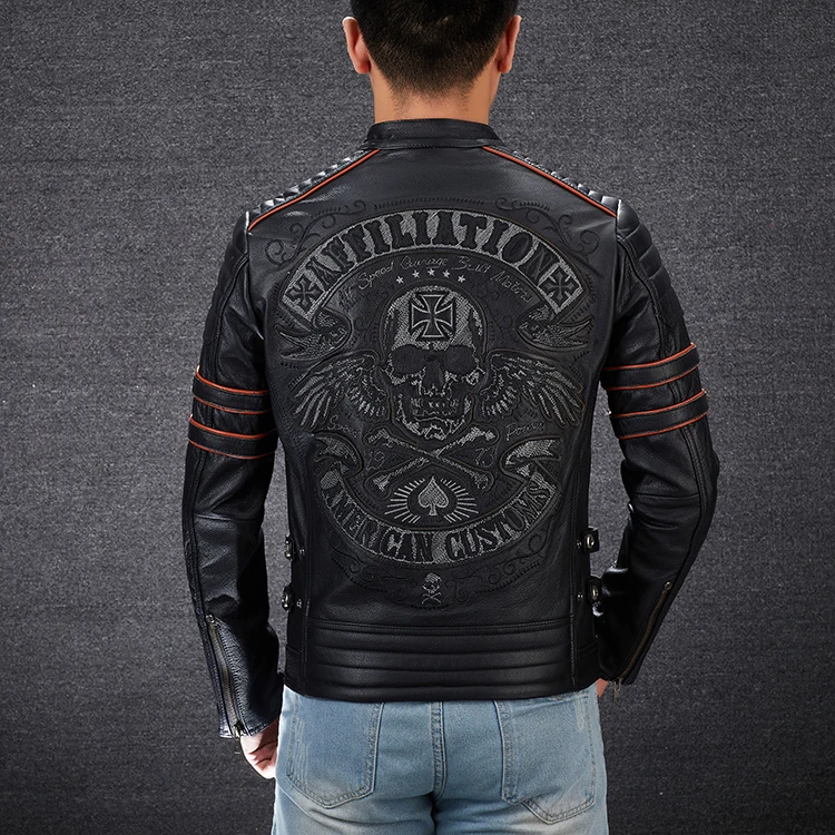 Black Men Skulls Embroidery Motorcycle Leather Jacket Plus Size XXXXL Genuine Cowhide Spring Slim Fit Biker's Leatther Coat