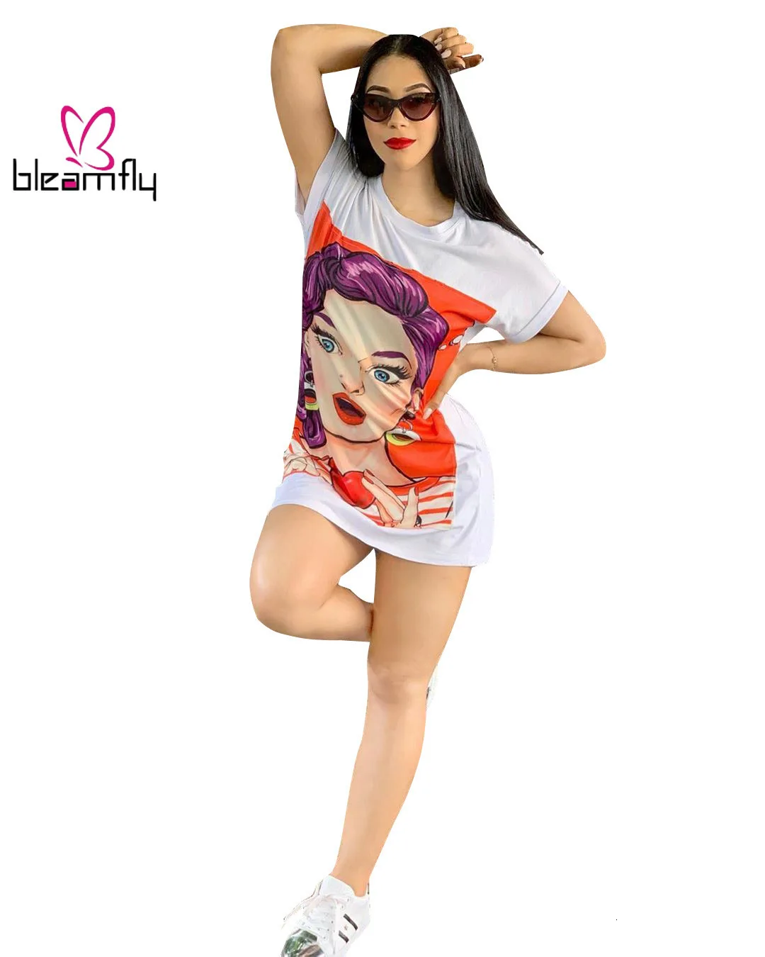 2019 женское летнее платье с принтом героями мультфильмов белая футболка круглым