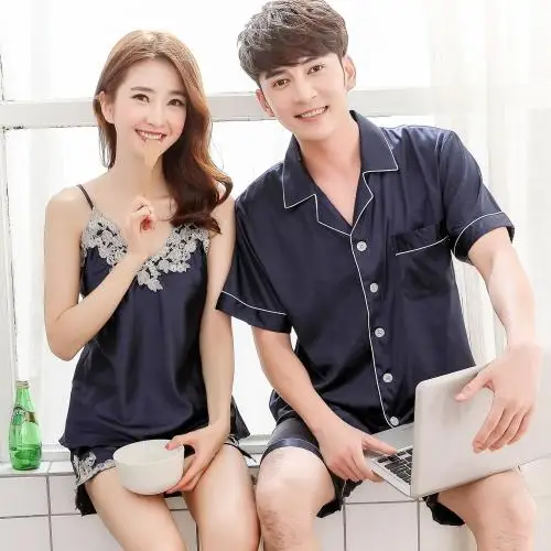 

Spring and Autumn Long Sleeve Silk Couple Pajamas Men and Women Ice Silk Short-Sleeve Pajamas Home Wear Summer
