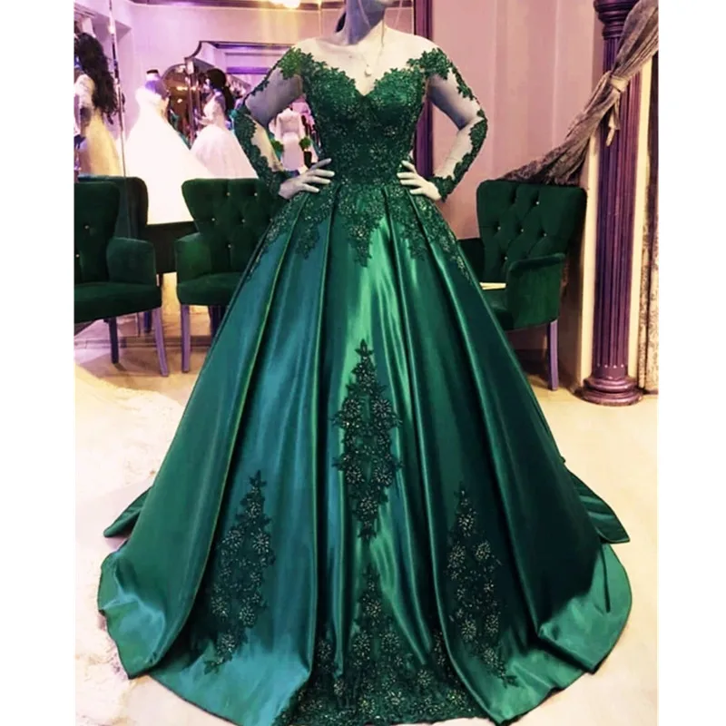 

Long Sleeves Green Sweetheart Ball Gown Princess Sexy Long Quinceanera Dress Beads Appliques Tulle Cheap Vestidos De Quinceaera