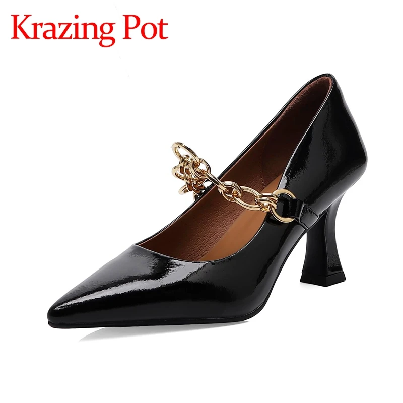 

Krazing Pot cow patent leather shoes shallow stiletto high heels pointed toe metal chains party sexy elegant women pumps l5f3