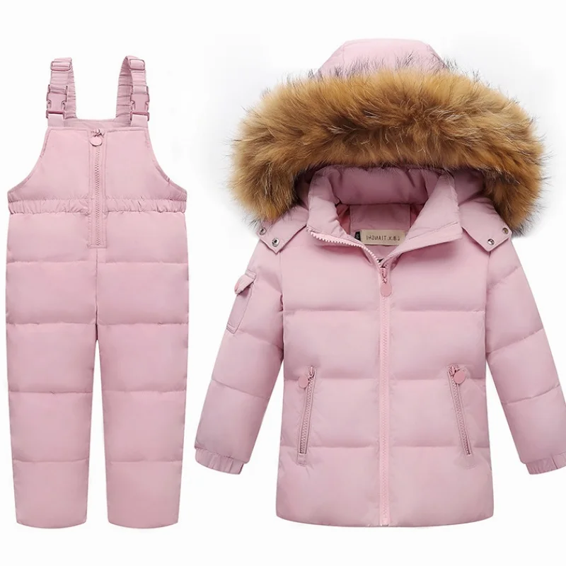 Комплекты детской одежды пуховик и штаны с меховым воротником зимний костюм для
