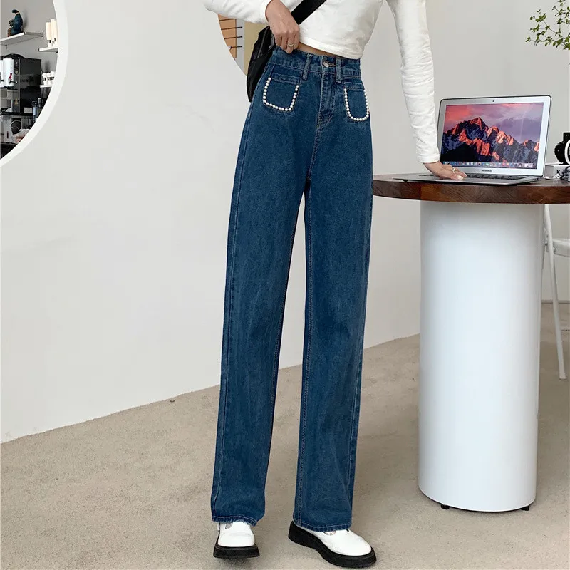 

Oversized Women's New Pearl Straight-leg Jeans Classic High Waist Retro Design Street Wide-leg Pants Quality Women's Clothing