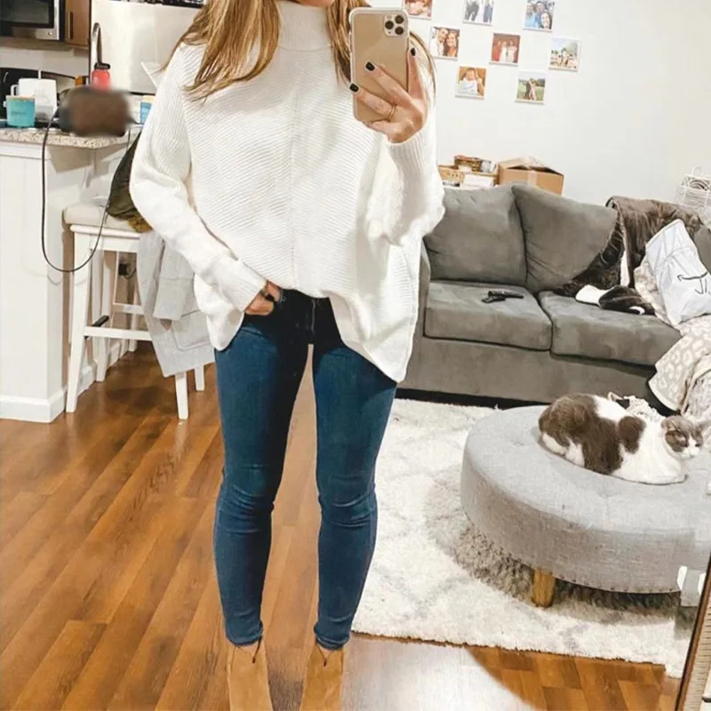 

Winter Knitted Warm Turtleneck Sweaters Women Bat Sleeve Loose Mid-length Sweater Female Autumn Casual Ladies Pullovers