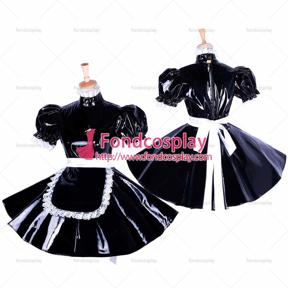 

fondcosplay adult sexy cross dressing sissy maid short lockable black heavy PVC dress Uniform apron costume Tailor-made[G1654]