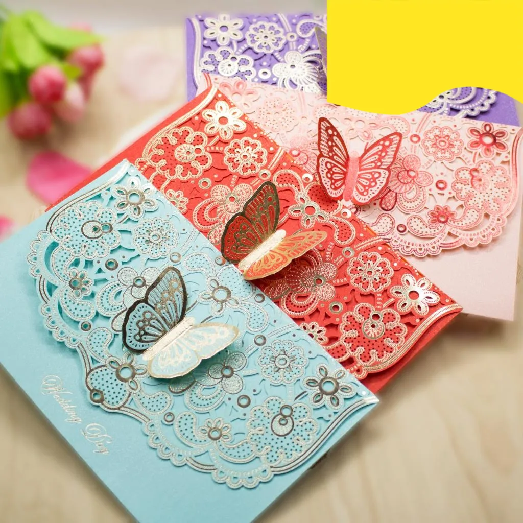 

butterfly style pink red blue purple wedding invitation card engagement invitations with inner paper envelopes