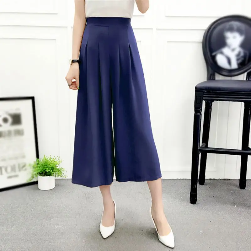 

Women's Pants Casual Summer Chiffon High Waist Elastic Wide Leg Loose Calf-Length Pants