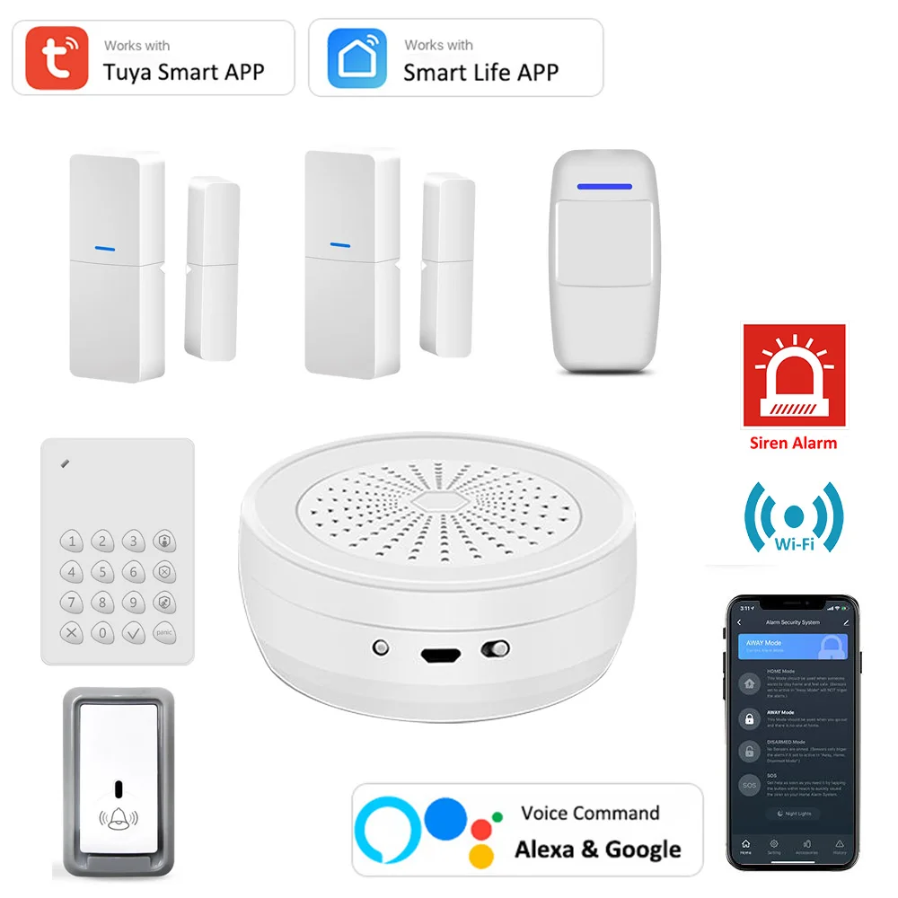

Система охранной сигнализации для умного дома Tuya Alexa Google Voice Command Aarm/Disarm, дверной датчик, пик дверной звонок, клавиатура, сирена