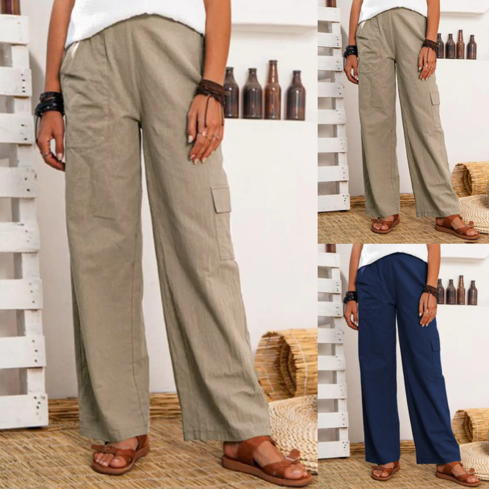 

Women Wide Leg Pants 2021 Summer Thin Fabric Pants Linen Multi-pockets Solid Casual Pants Loose Long Trousers Overalls Pants R5