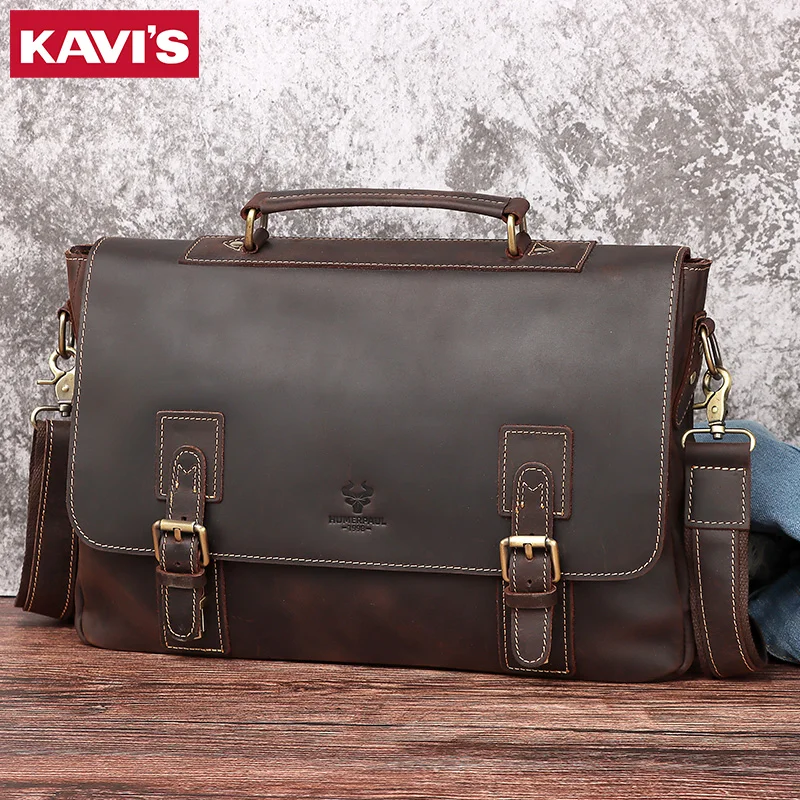 Мужская сумка KAVIS Винтажный Мужской портфель из натуральной кожи